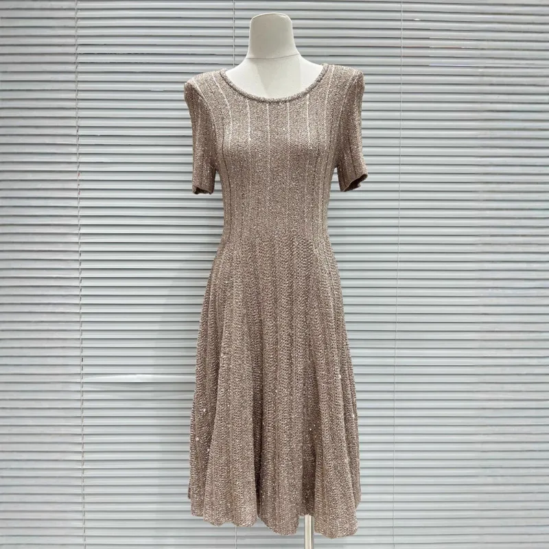 CHUJIE 2025 Vestido de malha da moda verão – Vestido elegante slim fit de manga curta com gola redonda e enfeite de lantejoulas