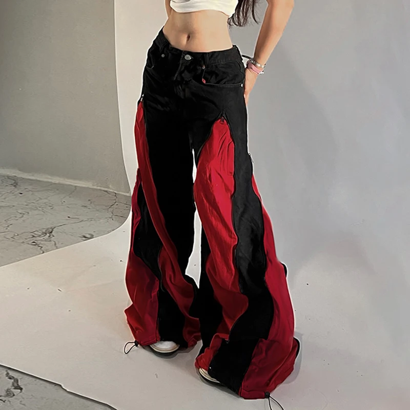 Dark Zipper Patchwork Contrast Color Pants Streetwear Mid-Waisted Layered-Look Wide Leg Pants Women 2025 Autumn Winter Fashion
