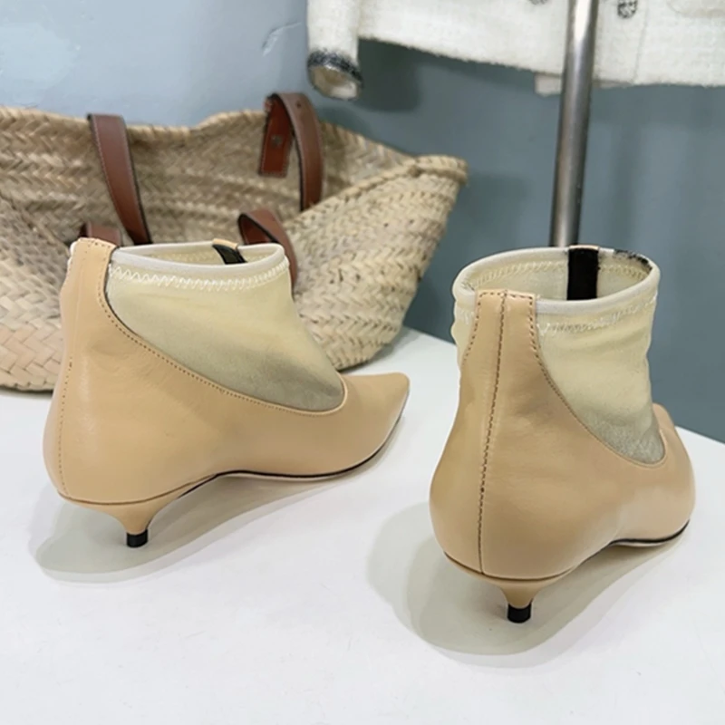 Dave&Di Minimalist Mesh Cwohide Leather Stitching Summer Shoes Boots French Elegant Retro Pointed Toe Kitten Heel Boots Shoes Wo