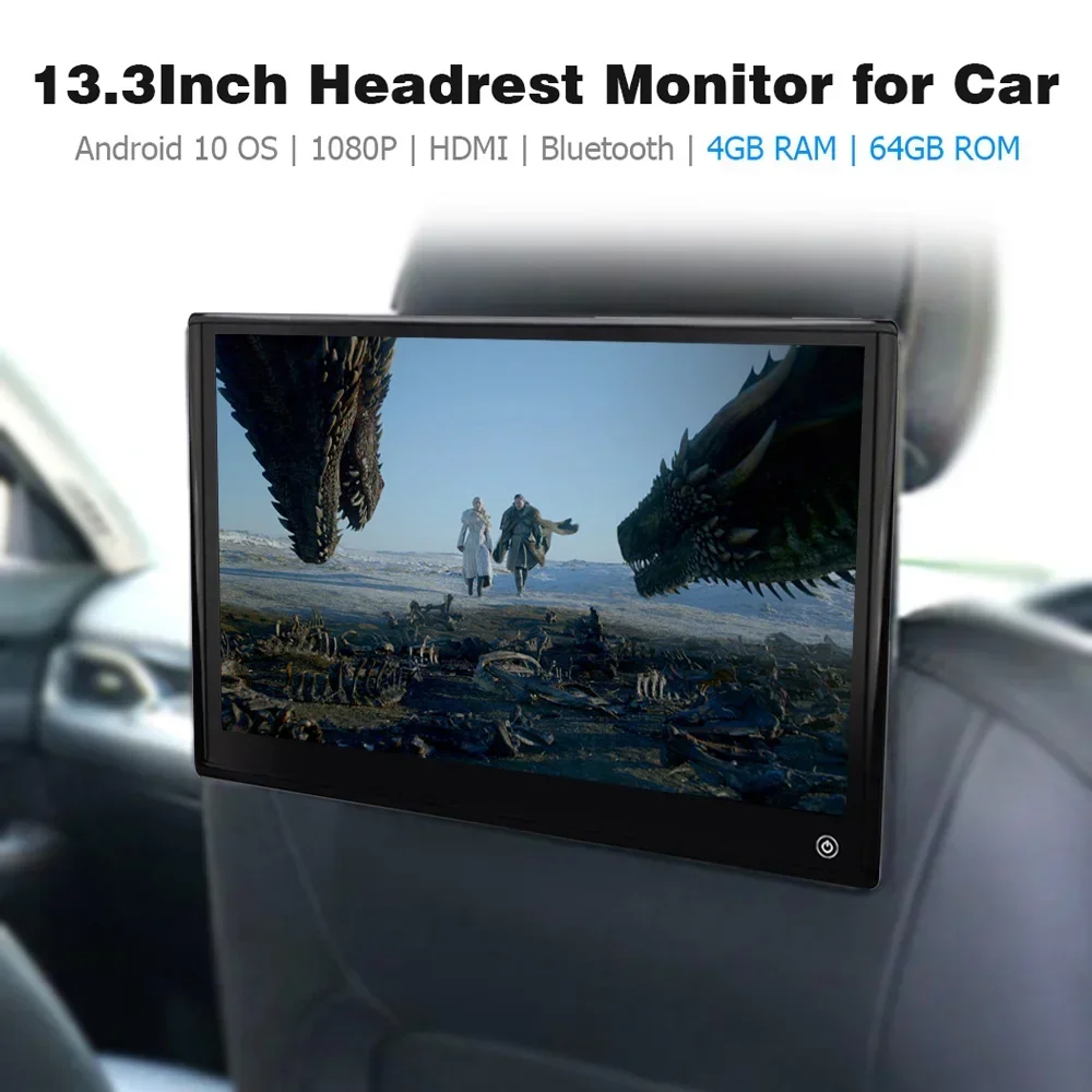 

13 Inch Android 11 Car Monitor 4GB RAM 64GB Memory LCD Headrest Monitor Rear Seat Car TV Screen for Kids HDMI Bluetooth FM WiFi