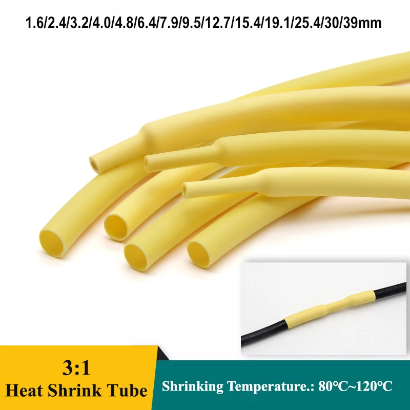 

1~20M Yellow 3:1 Heat Shrink Tube Glue 1.6/2.4/3.2/4.0/4.8/6.4/7.9/9.5/25.4/30/39mm Cable Repair Shrinkable Cover Case For Wires