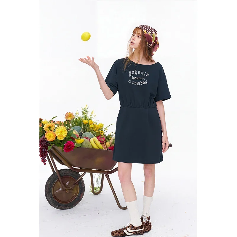 ELFSACK Letter Print T-shirt Dress Asymmetric Mesh Tiered Skirt Dress Casual Short Sleeve Waist Cinched Mini Dress for Women
