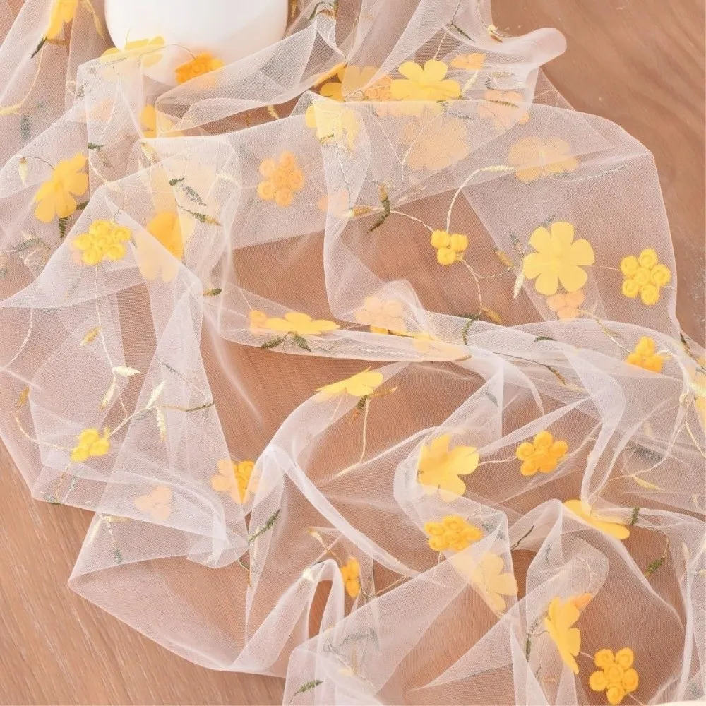DIY Craft Romantic Tulle Table Runner Semi-Transparent Vintage Gauze Table Flag 3D Embroidery Wedding Desktop Decoration Banquet