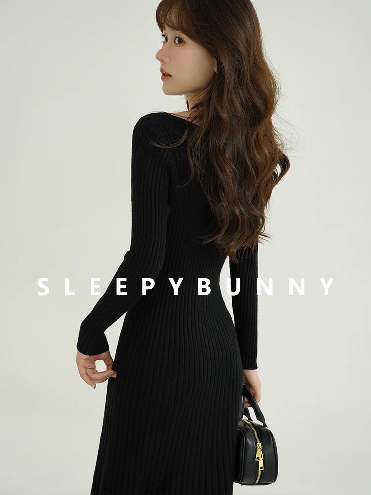 Halter pescoço recorte vestido de malha feminino inverno com nervuras magro manga longa camisola vestido cintura alta bodycon a linha midi vestido uso diário