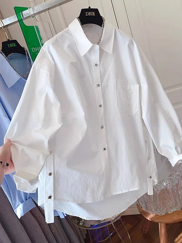 

plus Size Women's Casual Loose Shirt Metal Square Buckle Design Spring Summer Thin Cotton Long Sleeve Collar Sun Protection