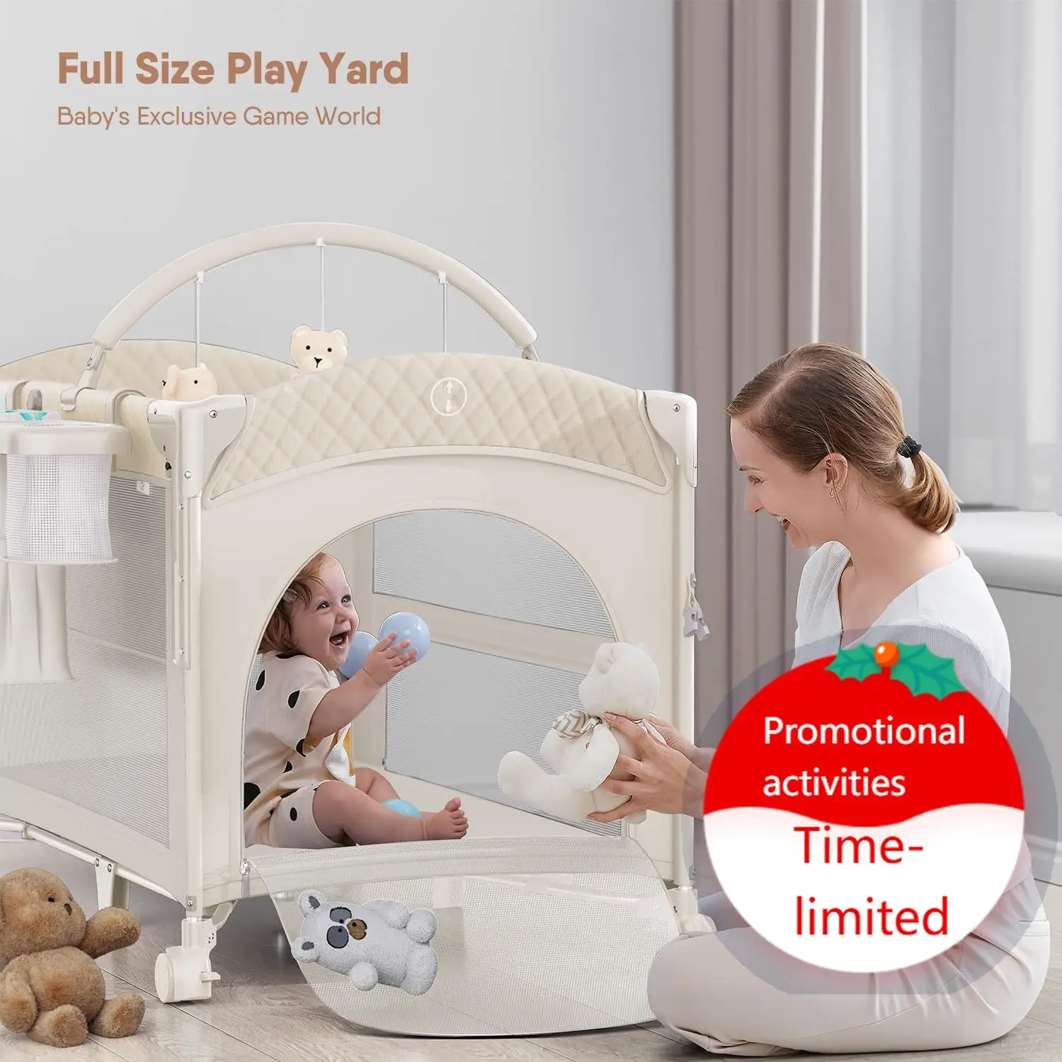 

4 in 1 Baby Bassinet, Pack and Play, Bedside Crib Sleeper, Diaper Changer - Comes with Mattress, Mosquito Net, Bottom Storage an