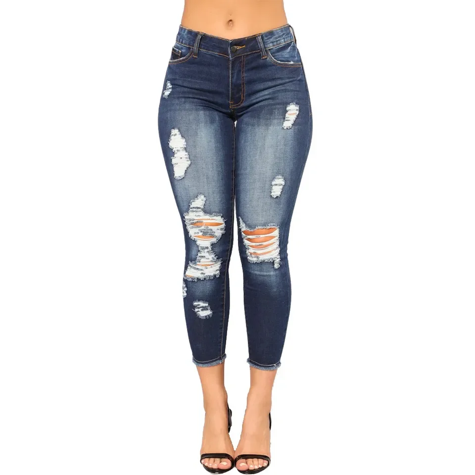 Novos jeans skinny elásticos rasgados lavados para primavera e verão. Jeans feminino casual, justo, levantamento de altura, pernas pequenas de nove polegadas