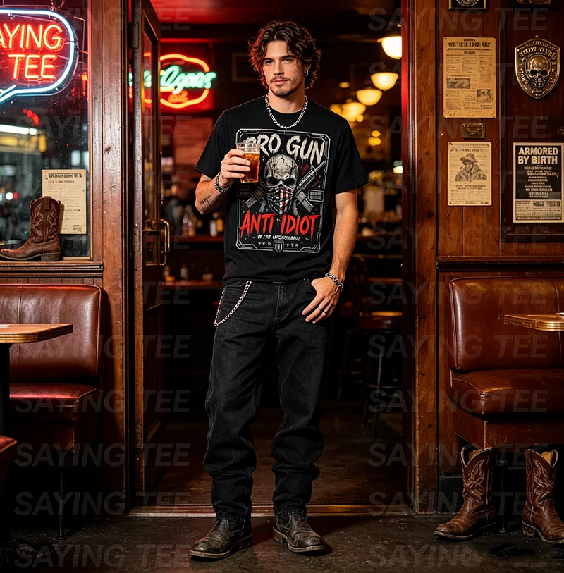 2nd Amendment Pro-Gun Anti-Idiot-Shirt Vintage USA Flag T-Shirt Y2K Herrenmode Veteranen Patriotisches Grafik-Spruch-T-Shirt Neuheit – Detail 4