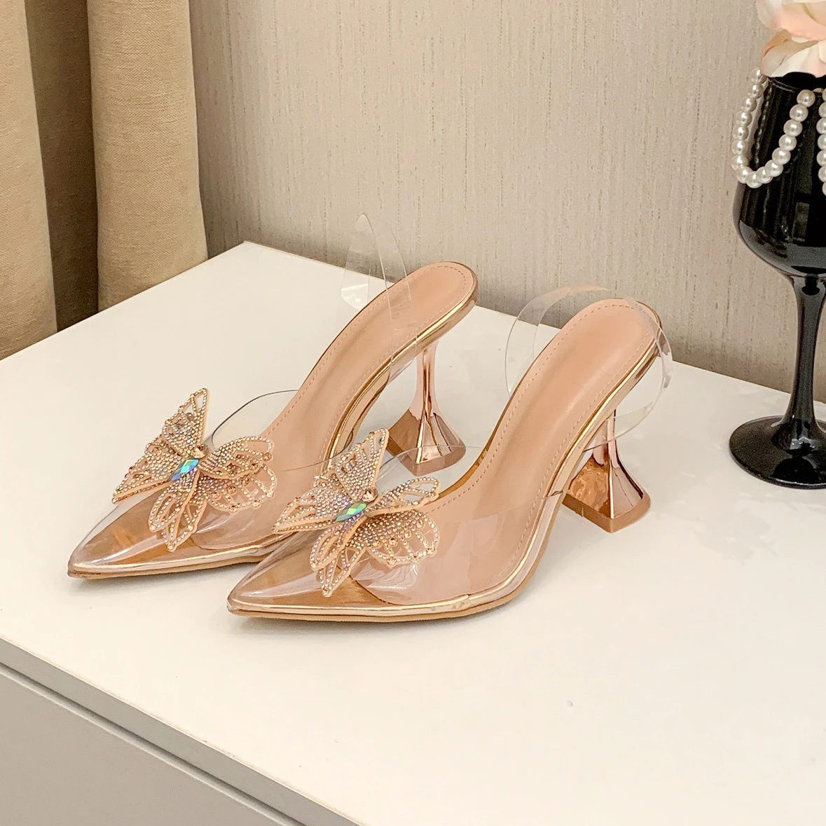 

Summer PVC Transparent Women Pumps Sexy Crystal Bowknot Pointed Toe Slingback High Heels Mules Sandal Female Wedding Prom Shoes