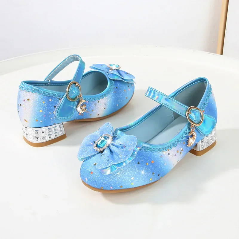 Spring Autumn Rainbow Princess Shoes Fashion Glitter Children Girls Crystal Leather Shoes Sequins Kids High-heels Single Shoes