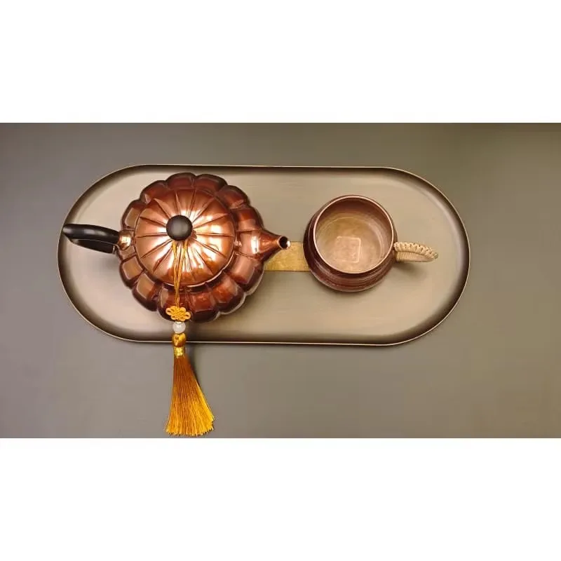 Autumn-themed copper teapot set, traditional Chinese tea set, woven rope handle copper pot set with cups and trays