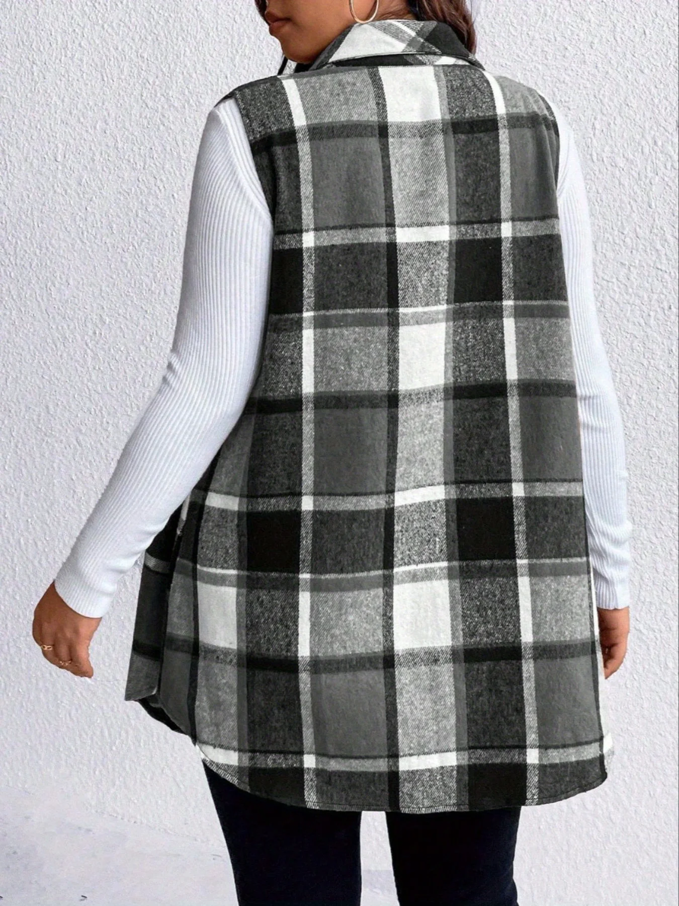 Women Plus Size 1XL-5XL Plaid Print Flap Detail Sleeveless Coat Ladies Fashion Sleeveless Thick Thermal Vest Women Outwear