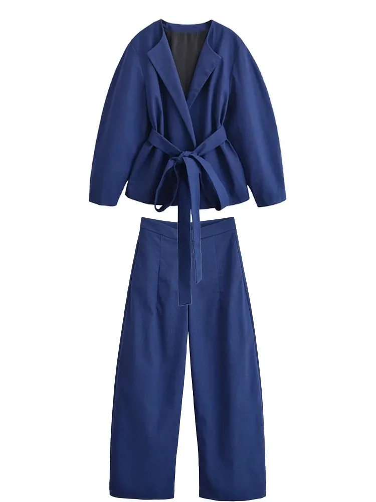

2025 new bule blazer pant set loose casual ol balzer sets o-neck vintage balzer with belt antumn spring pant sets