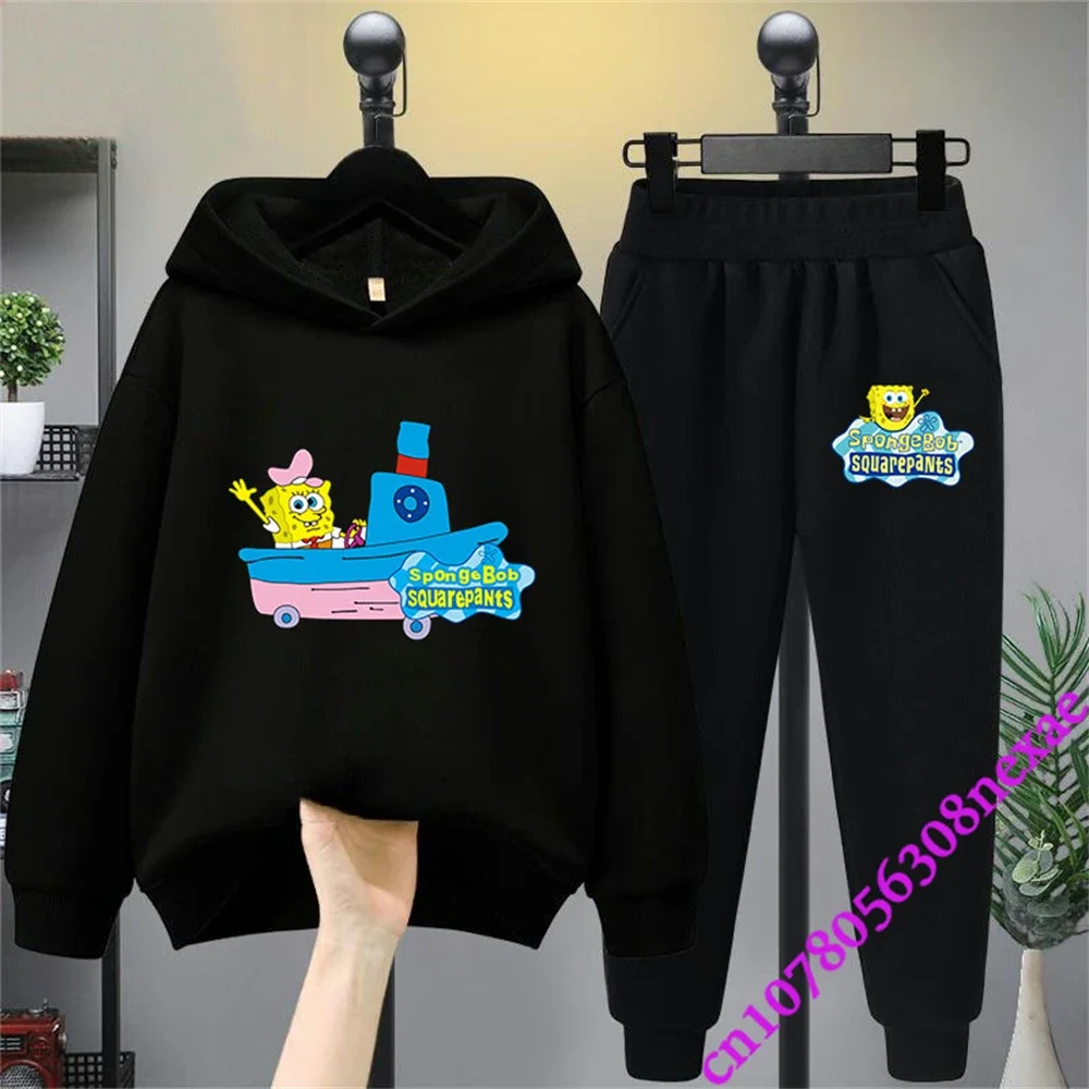 Spongebob Spring And Autumn Children's Clothing Boys And Girls Sweater Suit 2 Pieces Cartoon Print Sweater Sportswear Trousers