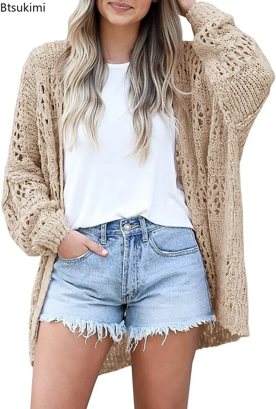 2024 Women\'s Kniited Cardigan Jacket Open Stitch Hollow Out Ladies\' Long Sleeve Cardigan Sweater Autumn Winter Outwear Clothes