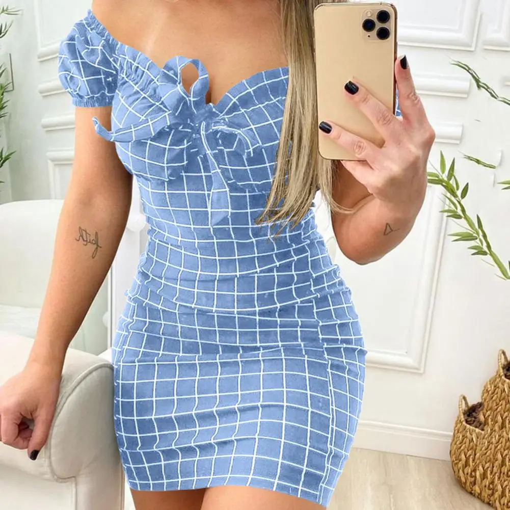 Sweet Cross Border Grid Print Women Dres SBowknot Decor Sexy Plaid Print Off Shoulder Bodycon Dress Elegant Party Mini Dresses