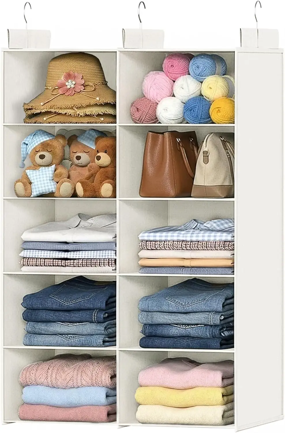 

Белый 5-уровневый подвесной органайзер для шкафа с двухрядными складными полками и 3 крючками для экономии места