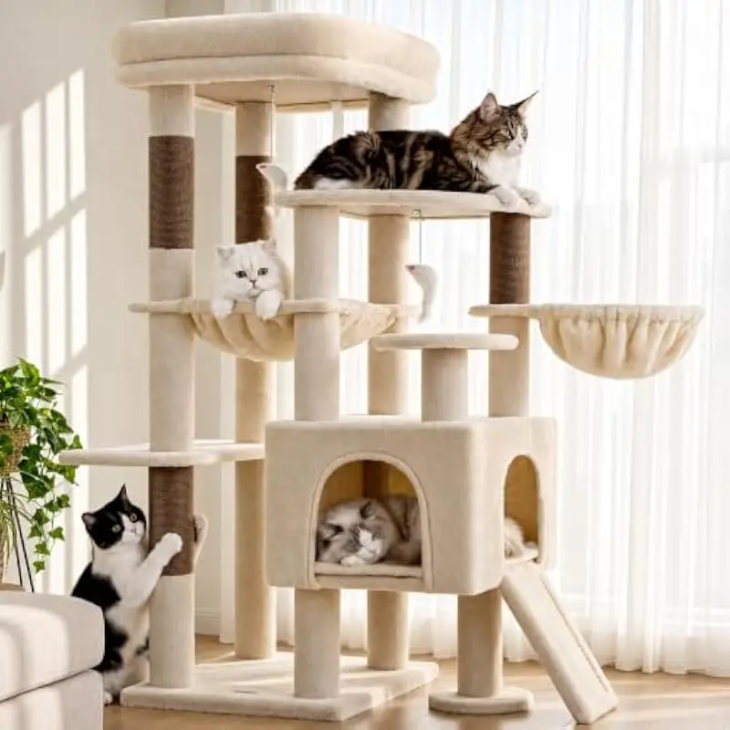 Sturdy 51-inch multi-level cat tower with trapezoidal base for stability, anti-tip strap, 4 sisal scratching posts, dedicated sc