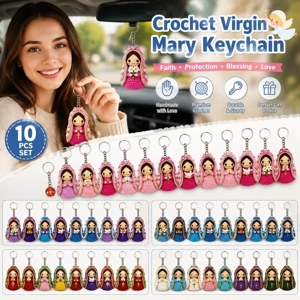 10pcs/set Crochet Style Virgin Mary Keychain Set Religious Figurine Pendant 2D Flat Acrylic Keychains Kids Gift Knitted Doll