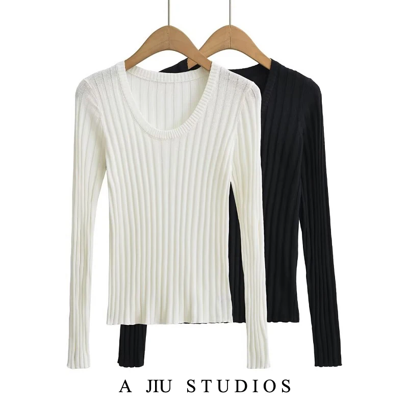 

Женский облегающий вязаный свитер Zhaoluoxu Yan с V-образным вырезом, в белую полоску, с длинным рукавом, для ношения под одеждой, базовый слой, уличный стиль, весна-осень