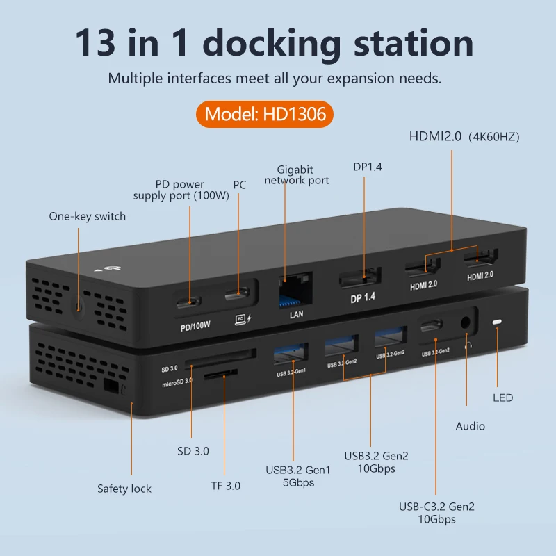 Blueendless New 13 in 1 USB 3.0 Hub 10GBPS Aluminium Multiport Docking Station 4k 60hz 100W PD For Laptop Docking Station