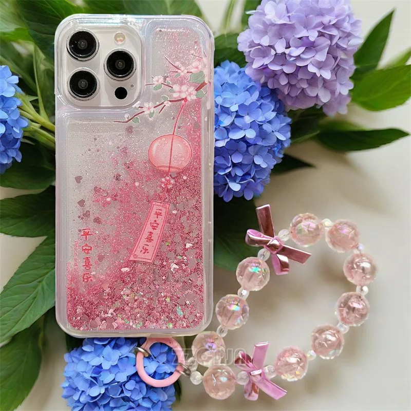 

Цветочные благословения для OPPO Reno 14 13 12 11F 10 Pro Plus 9Pro+ 8 Lite 8T 8Z 5G чехол с блестками и зыбучим песком, ремешок-цепочка
