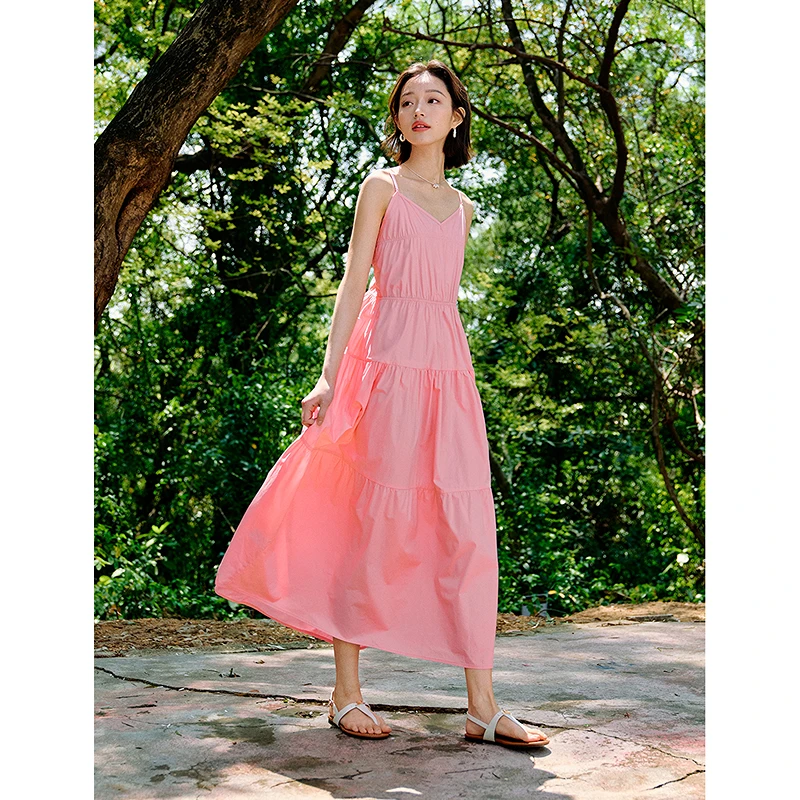 Inman 2025 ฤดูร้อนใหม่ผู้หญิงElegant Vคอผ้าฝ้ายCamiชุด-รีสอร์ทสไตล์เอวกําหนดA-Line Maxi Dress