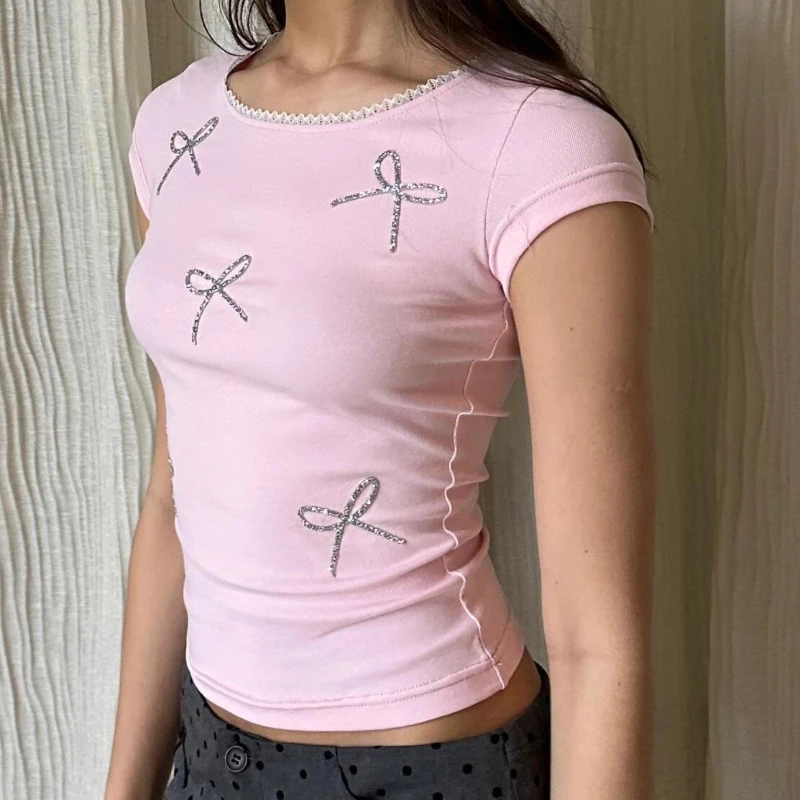 

Bow Rhinestone T-shirt Sweet Lace Small Flying Sleeves Short Sleeves Sweet Commuter Blouse in Spring and Summer of 2025