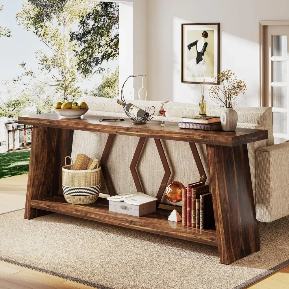 

70.86-Inch Long Sofa Table for Living Room, 2-Tier Narrow Console Table with Storage, Wood Foyer Entryway Couch Table