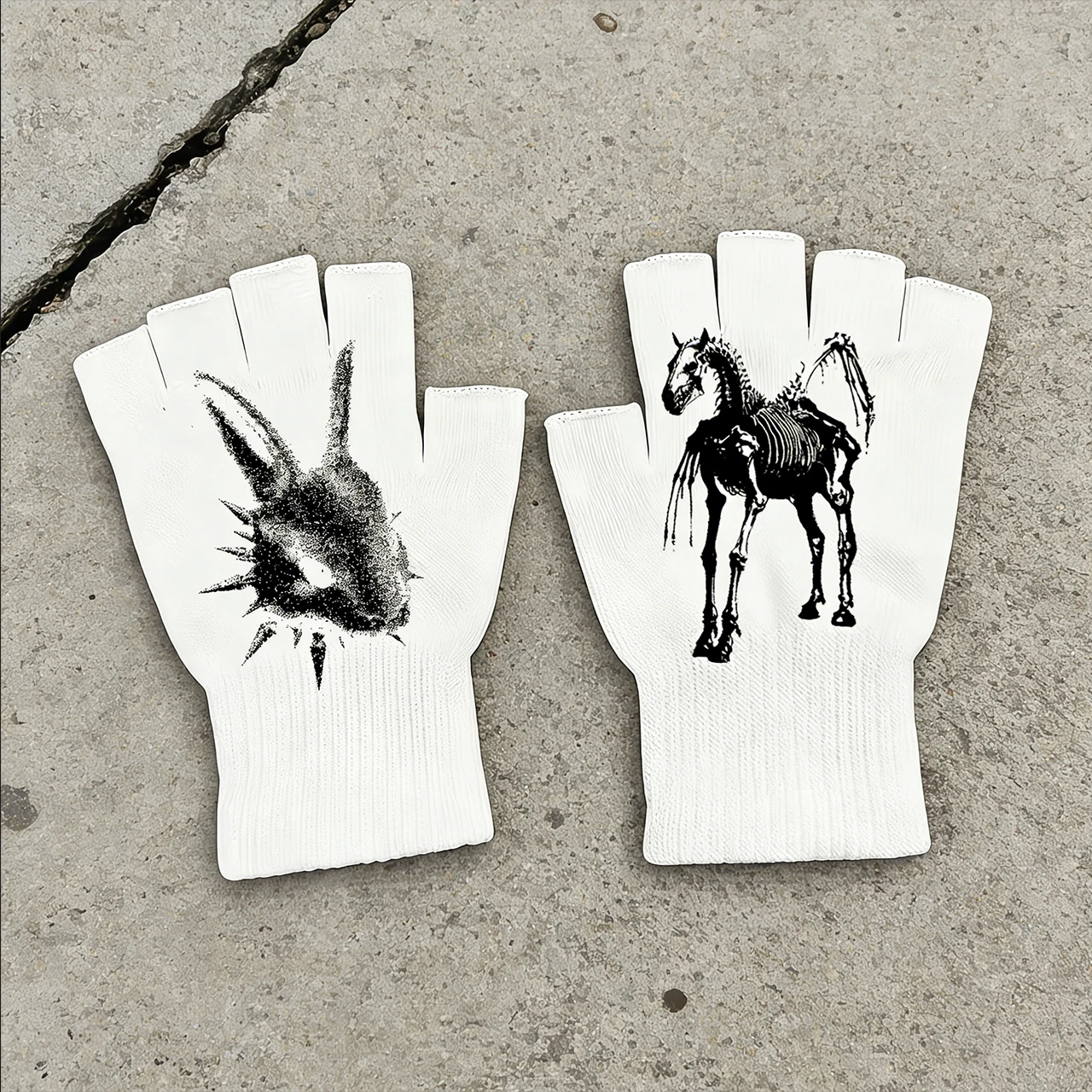 Fingerless Glove Knit - White knitted gloves featuring horse and