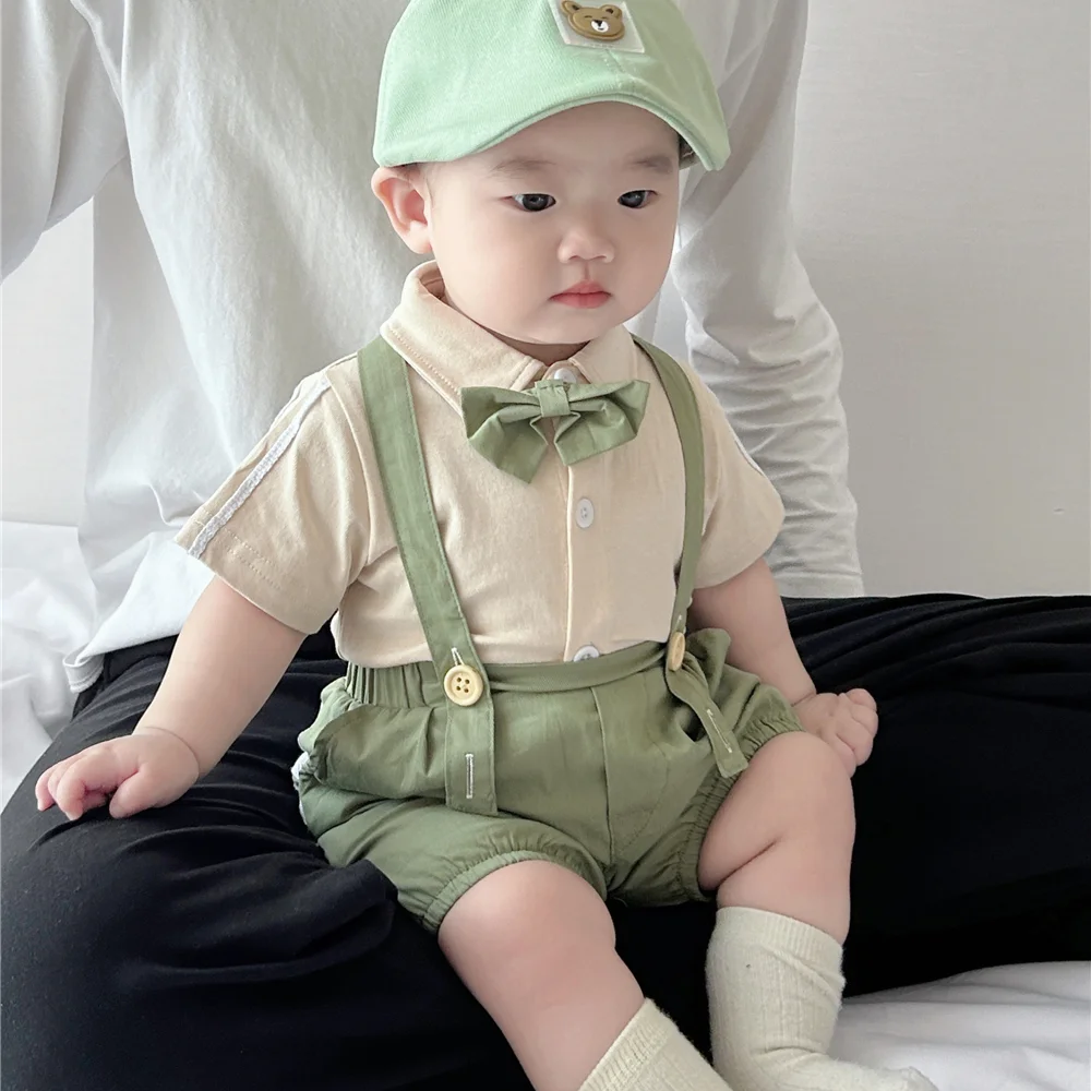 Baby Summer Suit Boy Baby Short Sleeve Polo Shirt Strap Shorts 0-2 Year Birthday Dress Handsome New Born Baby Items