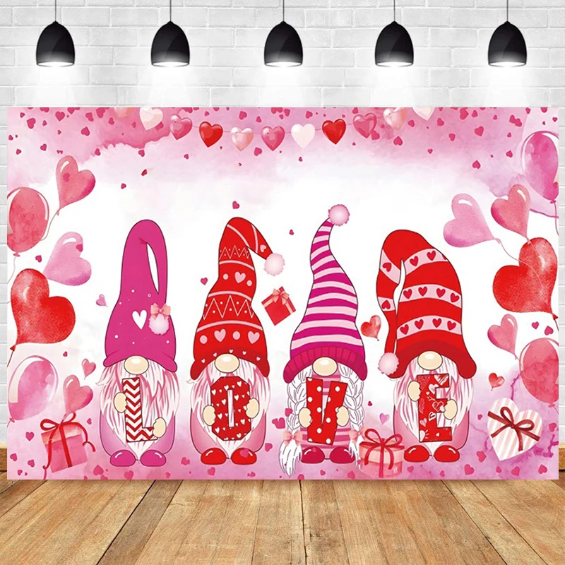 Valentine Dwarfs Gnome Backdrop Pink Hearts Valentines Day Party Decorations Photo Banner Photographic Background Studio Props