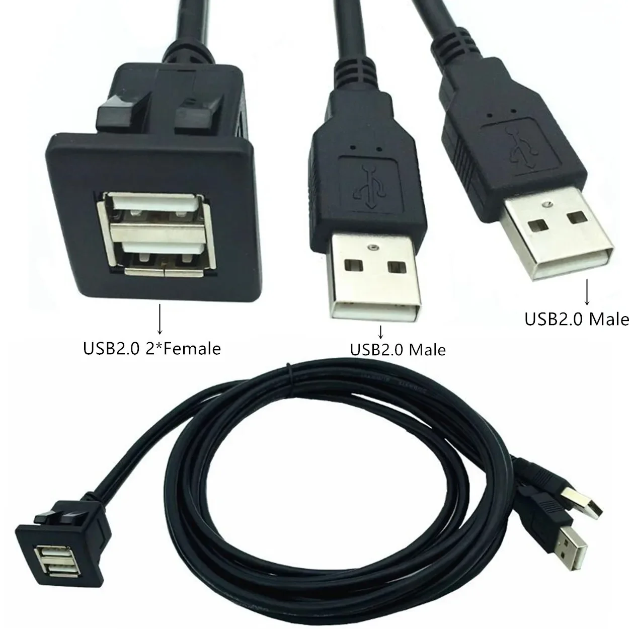 Dual Port USB Socket Cabe USB3.0 Usb2.0 Auto Car Flush Mount Extension Cord Dashboard Panel Square USB Cable for Motorcycle