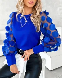 Casual Loose Shirts For Women 2024 Spring Autumn O-neck Long Sleeve Shirt Fashion Mesh Patchwork Shirt Tops Femme Black