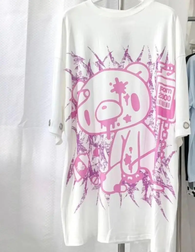 Y2K Japanisches, dunkles, übergroßes Subkultur-T-Shirt mit kurzen Ärmeln, rot-schwarz, kontrastierende Farben, Cartoon-Print, Rundhalsausschnitt, Gothic-Oberteil – Detail 6