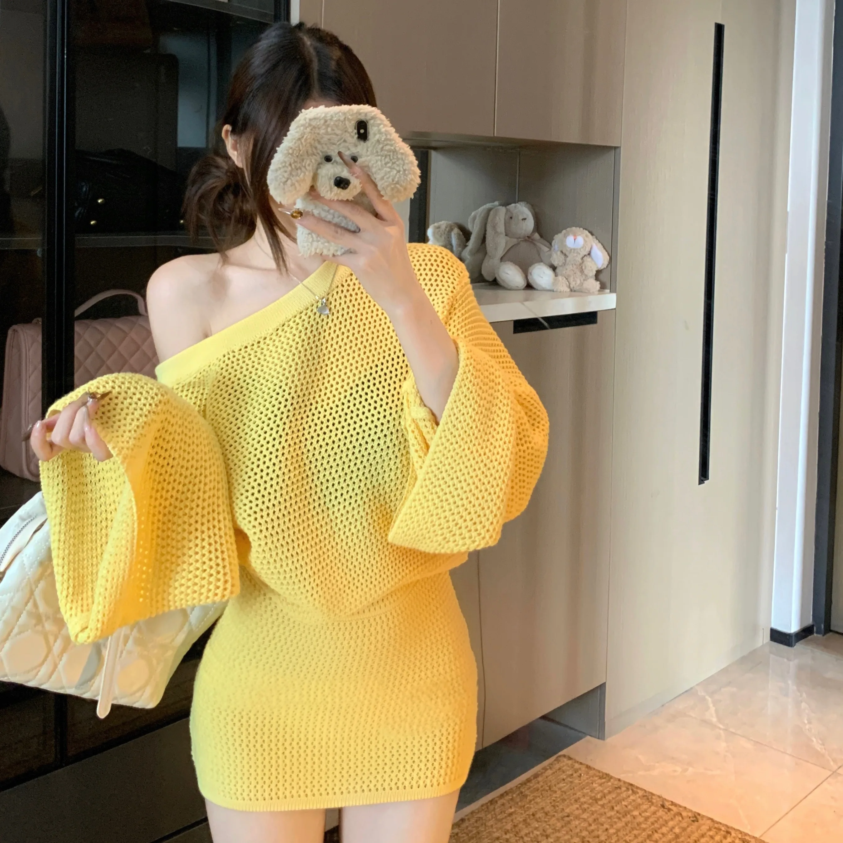 

Faionable Желтое вязаное длинное све Dr Женская юбка трапециевидной формы Осенняя новинка с боковыми плечами Дизайн H-образной формы Облегающее...