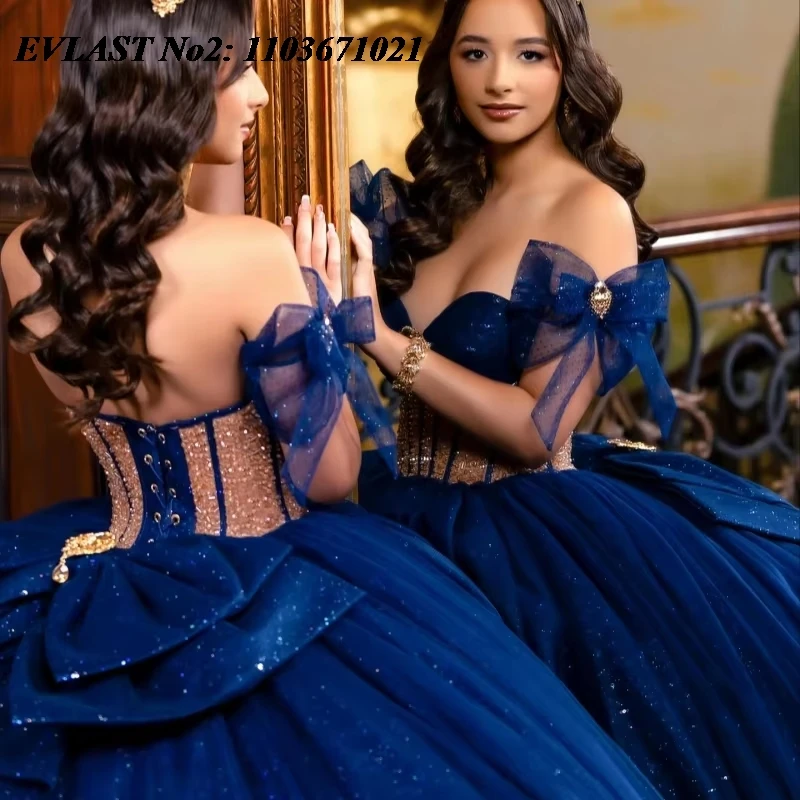 EVLAST personnalisé brillant bleu marine Quinceanera robe épaules nues paillettes appliques perles doux 16 robes De 15 Anos E2QA10