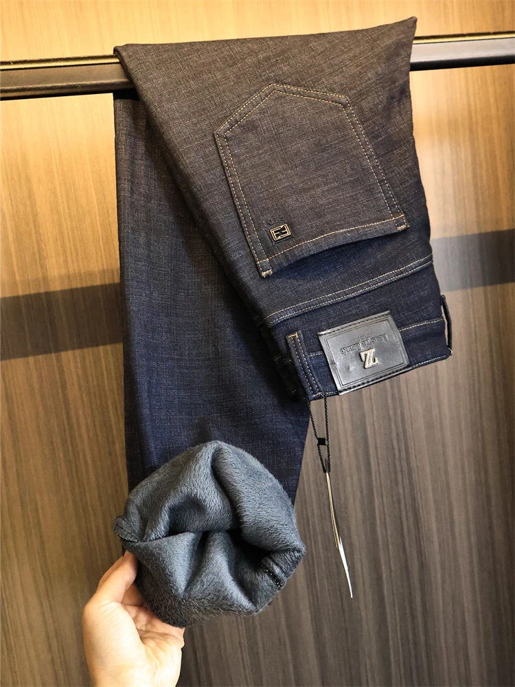 

Мужские хлопковые эластичные джинсы Superb Value Thiened, зимние теплые прямые брюки Cosite Fce, современные длинные брюки