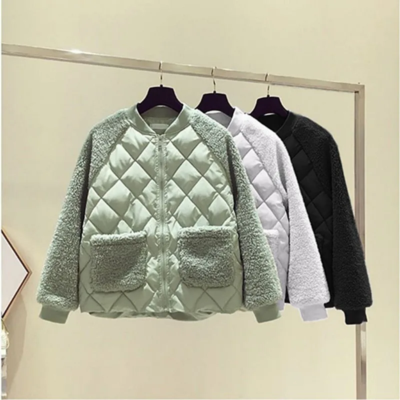 Quilted Coats Wool Like Splicing Women Warm Comfortable Small Cotton Jacket Autumn Winter Fashionable Simple Female Clothing