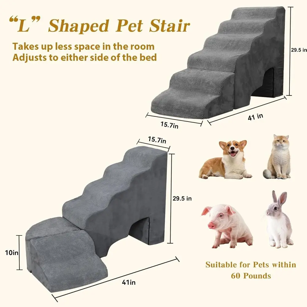 منحدر درج الحيوانات الأليفة للكلاب الصغيرة: سهل الوصول إلى أسرة عالية، غطاء قابل للإزالة، خطوات إسفنجية متينة للحيوانات الأليفة المتوسطة والكبيرة