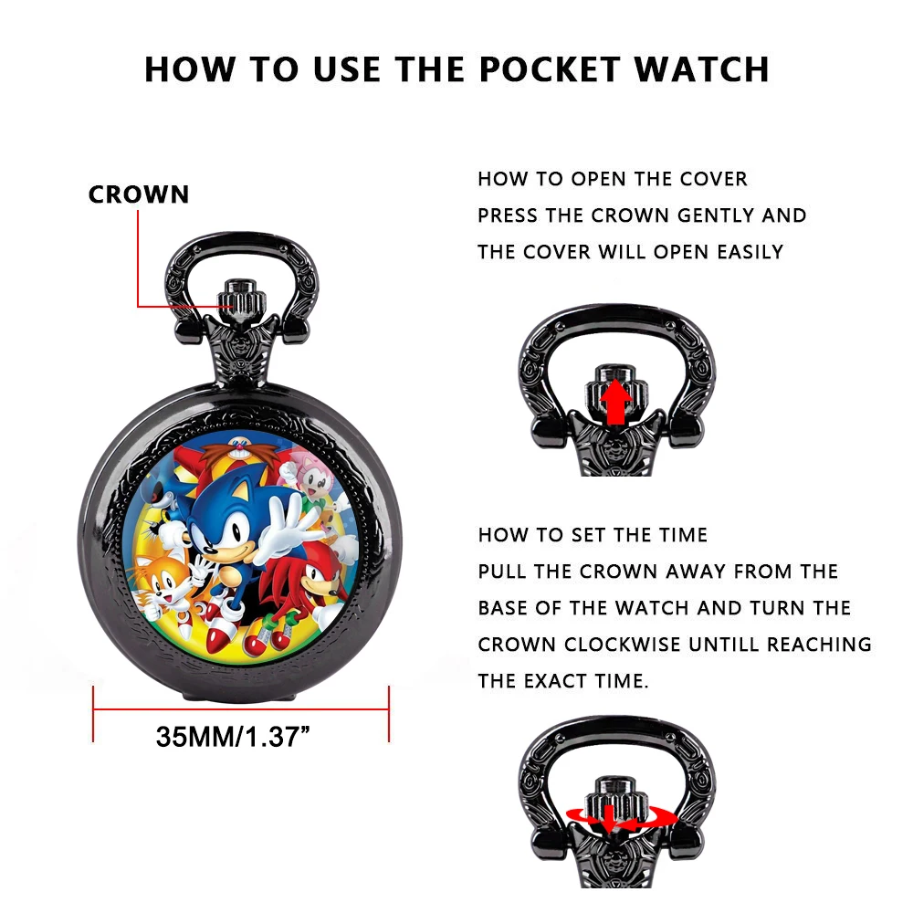 Orologio da tasca al quarzo nero con cupola in vetro di cartone animato con quadrante con numeri arabi e catena resistente, regalo retrò per uomini e donne