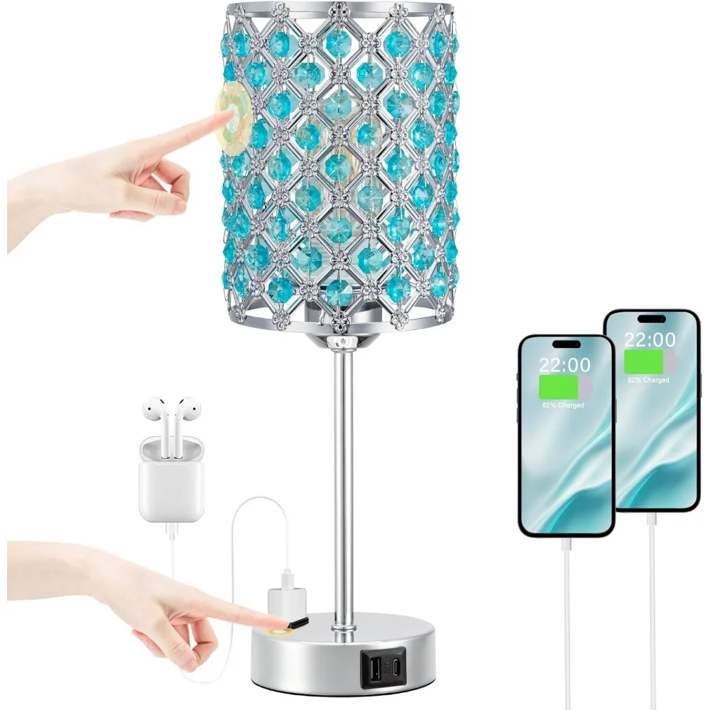 

Ночная лампа Blue Crystal с USB-портами для зарядки, 3-уровневая регулировка яркости, сенсорное управление для спальни и гостиной