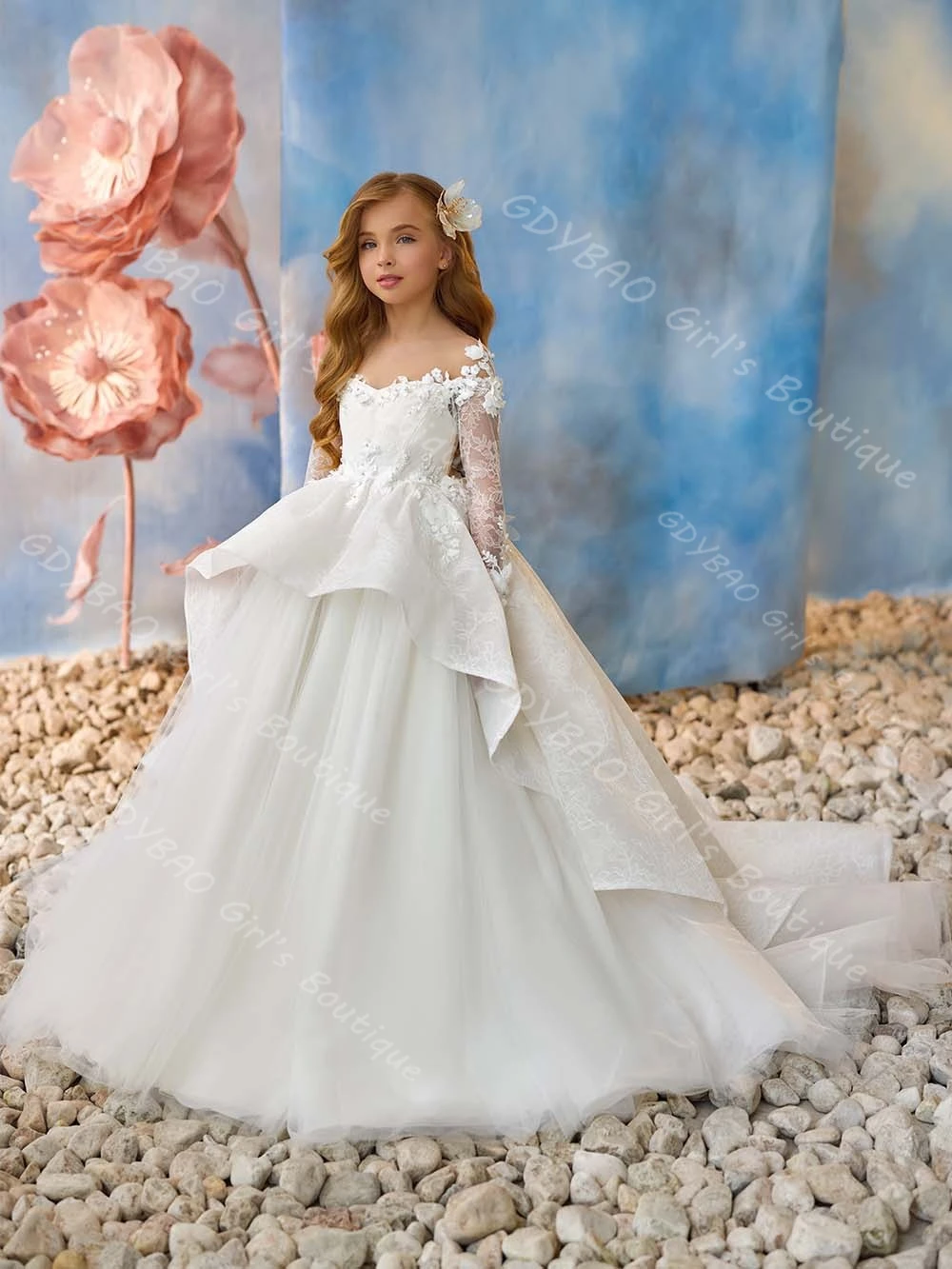 Aangepaste bloemenmeisje jurk voor bruiloft kinderen volledige mouw ruches heilige communie optocht jurk kralen kant verjaardagsfeestje jurk
