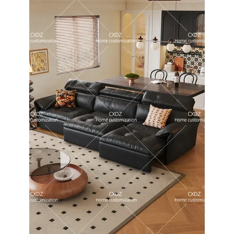 Black Leather Sofa Bed Electric Multi Functional Living Room Minimalist 2026 New Retro First Layer Cowhide Mop Sofa