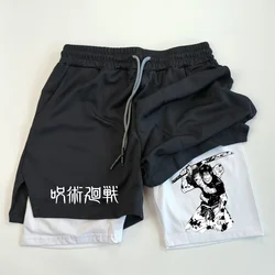 Shorts de performance anime masculino, estampado toji, casual esportivo, treino, malha, 2 em 1, calça curta esportiva