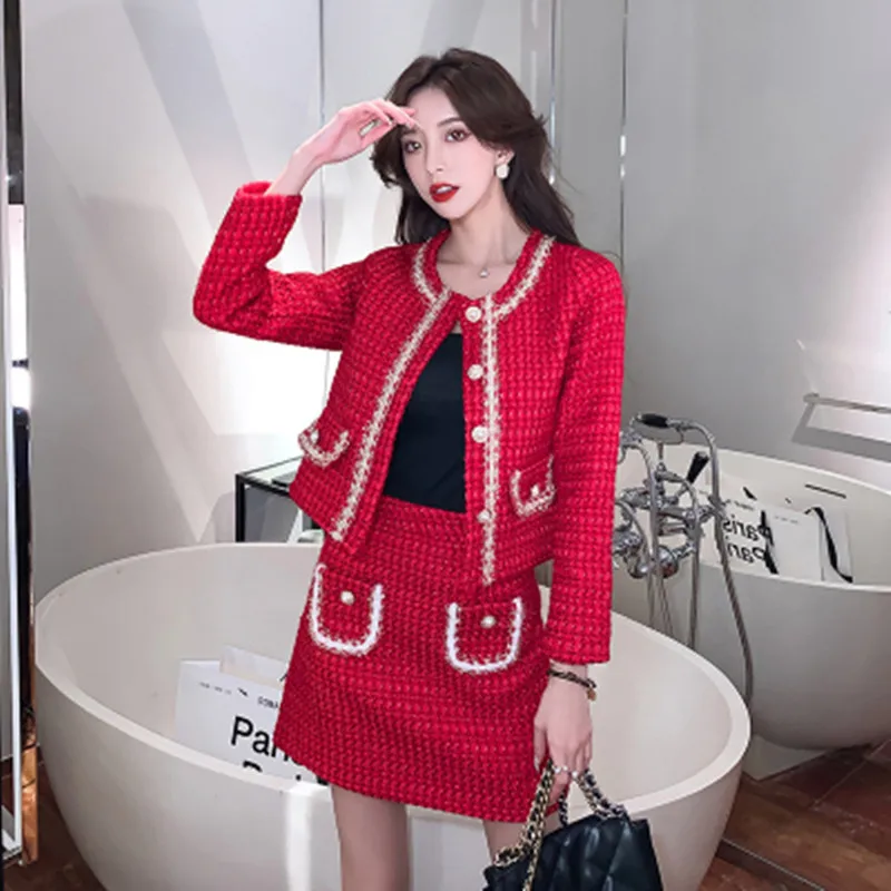 Autumn Winter Fashion Christmas Red Tweed 2 Piece Set Women  Single Breasted Fringed Woolen Jacket Coat + Pocket Mini Skirt Suit