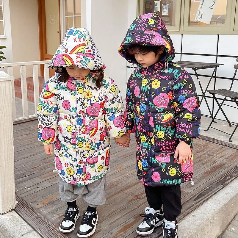 

3-7 Years Children down Jacket Girls White Duck down Parka Baby Boy Graffiti Print Warm Fashion Zipper Hooded Coat Kid Outerwear