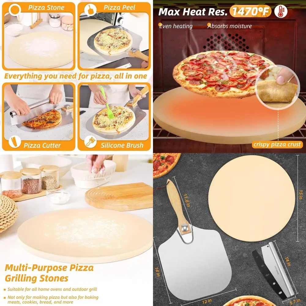 

Large 15-Inch Round Pizza Stone Set with Metal Peels, Cutter, and Rocker for Oven and Grill - Thickened Stone Pan for Pizza, Bre