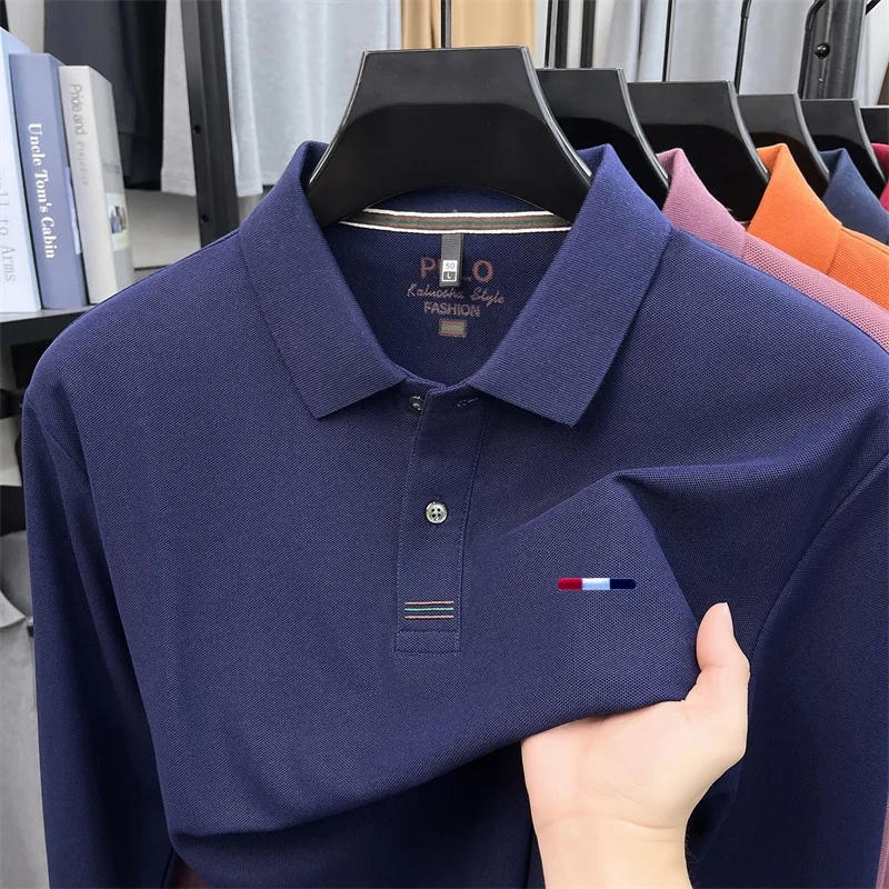 Men's Autumn New Long Sleeved Pure Cotton Polo Shirt Brand Embroidered Lapel T-Shirt Casual and Fashionable Men's Clothing Tops