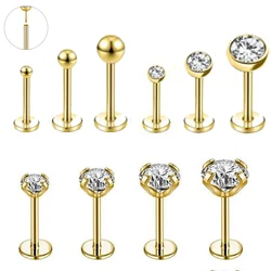 ZS 10pcs/lot Gold Color Stainless Steel Lip Stud Plug In Zircon Labret Piercing Cartilage Earring Helix Tragus Piercing 16-20G